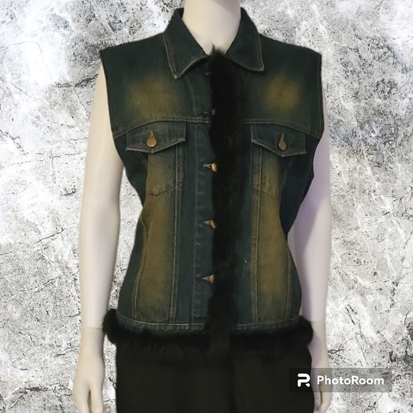VTG MIXIT 1990s Stonewash Denim Rabbit Fur Button Down Waistcoat Vest - Picture 1 of 9